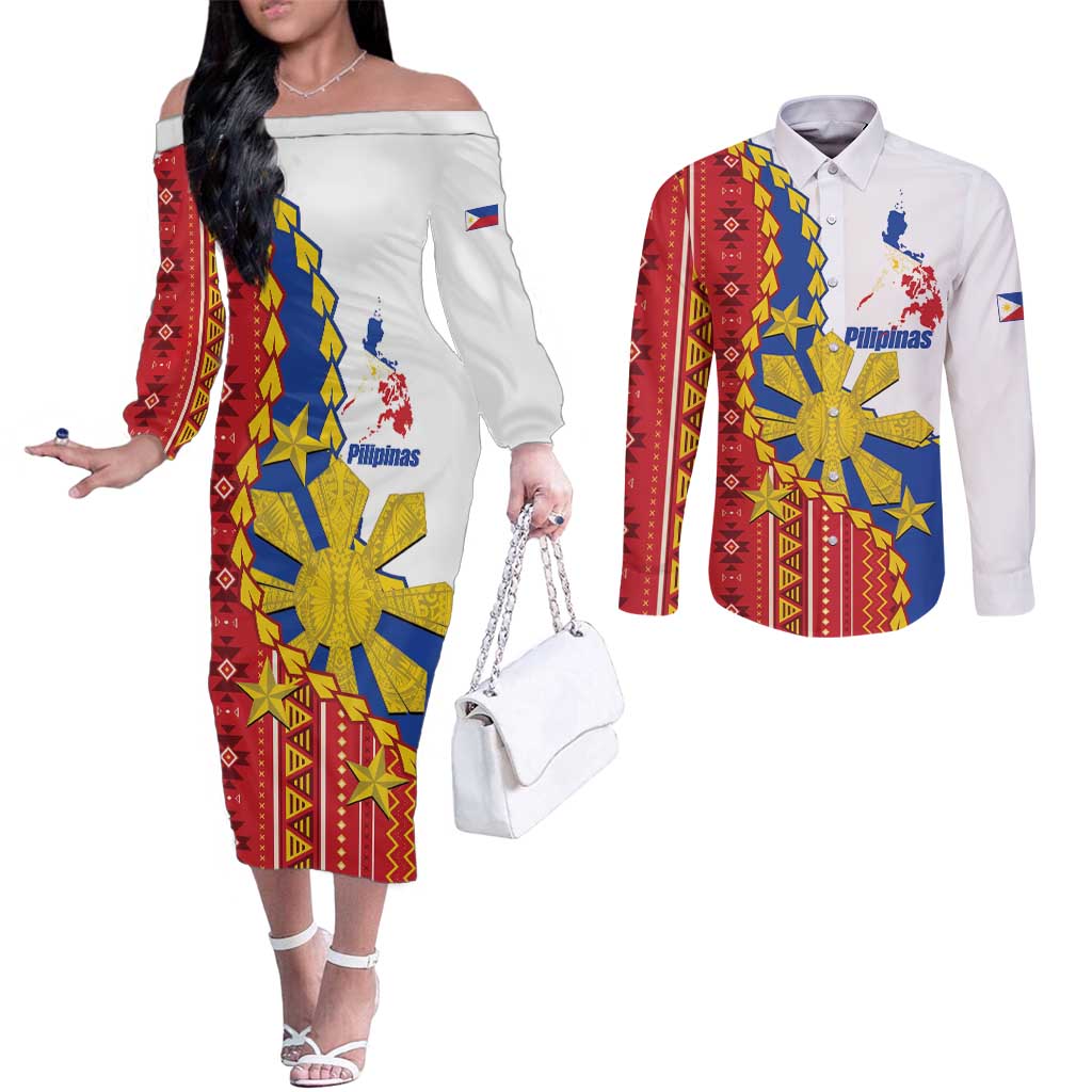 Philippines Independence Day Couples Matching Off The Shoulder Long Sleeve Dress and Long Sleeve Button Shirt Pilipinas Sun Stars Igorot Pattern