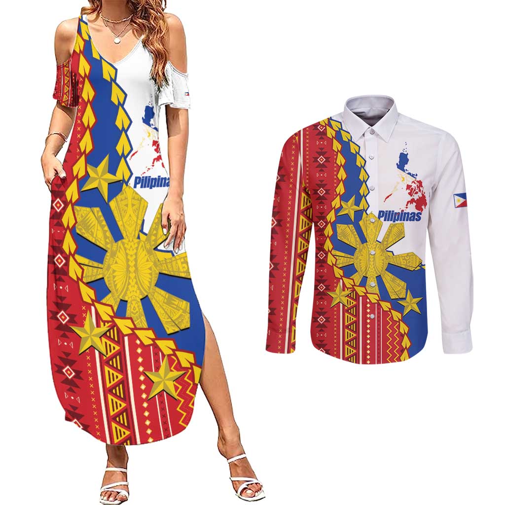 Philippines Independence Day Couples Matching Summer Maxi Dress and Long Sleeve Button Shirt Pilipinas Sun Stars Igorot Pattern
