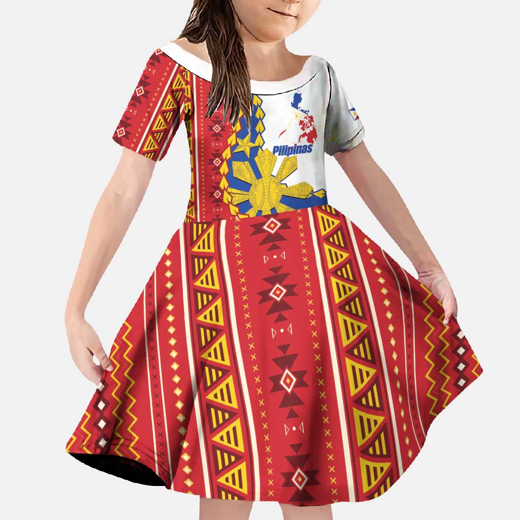 Philippines Independence Day Family Matching Short Sleeve Bodycon Dress and Hawaiian Shirt Pilipinas Sun Stars Igorot Pattern LT14 Daughter's Dress Red - Polynesian Pride