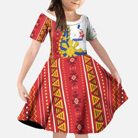 Philippines Independence Day Family Matching Short Sleeve Bodycon Dress and Hawaiian Shirt Pilipinas Sun Stars Igorot Pattern LT14 Daughter's Dress Red - Polynesian Pride