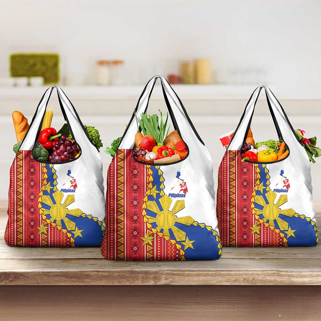 Philippines Independence Day Grocery Bag Pilipinas Sun Stars Igorot Pattern LT14 3-pack One Size Red - Polynesian Pride