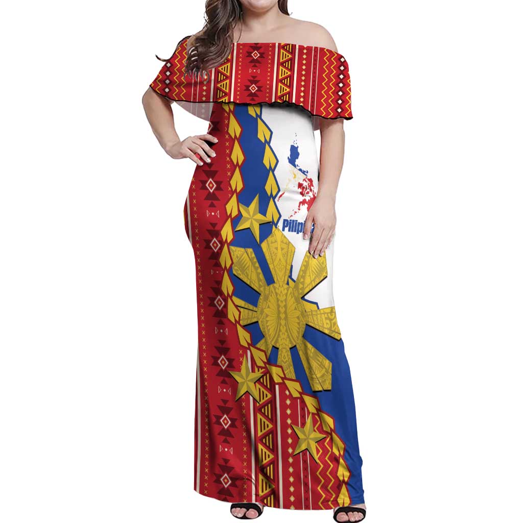 Philippines Independence Day Off Shoulder Maxi Dress Pilipinas Sun Stars Igorot Pattern