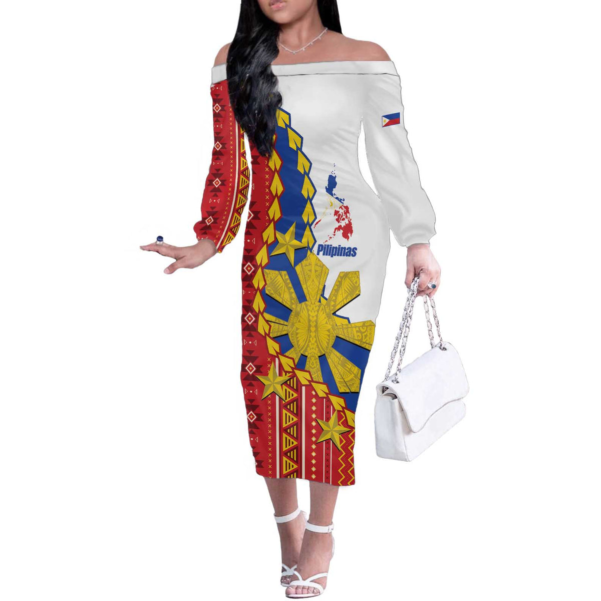 Philippines Independence Day Off The Shoulder Long Sleeve Dress Pilipinas Sun Stars Igorot Pattern
