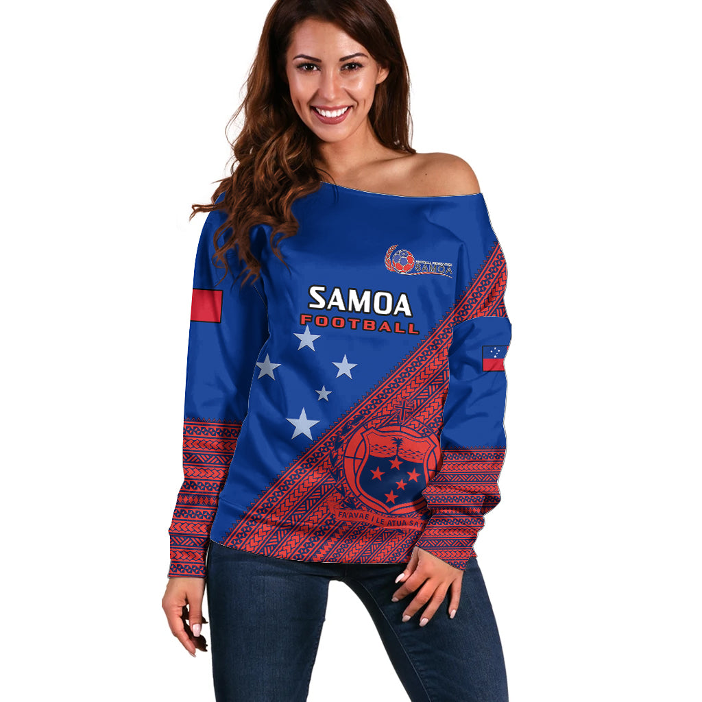 Samoa Football Off Shoulder Sweater Samoan Coat Of Arm Polynesian Sporty Style LT14 Women Blue - Polynesian Pride