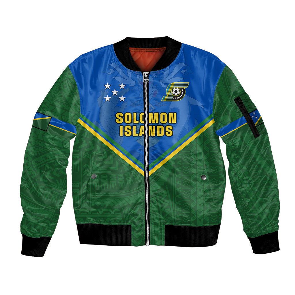 Personalised Solomon Islands Football Sleeve Zip Bomber Jacket Polynesian Pattern Sporty Style LT14 Unisex Green - Polynesian Pride