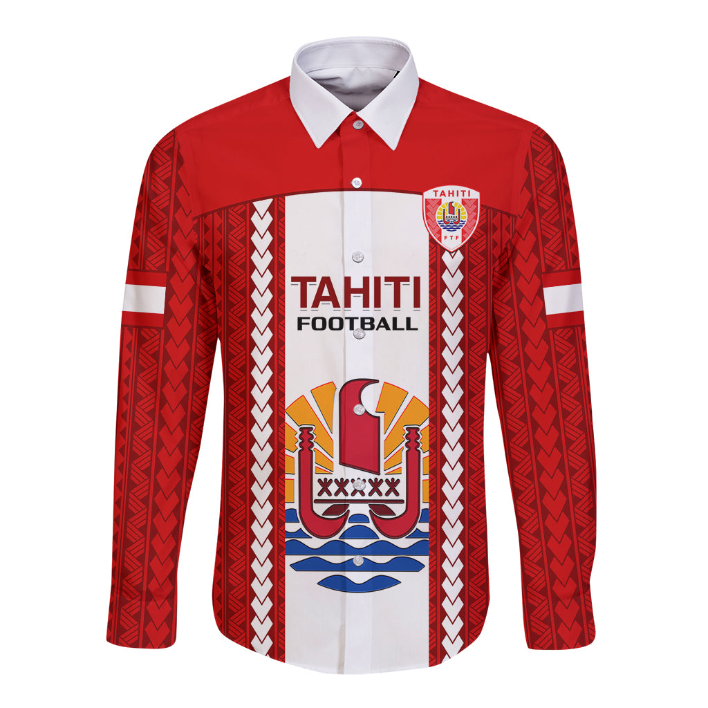 Tahitian Football Long Sleeve Button Shirt Tahiti Coat Of Arm Polynesian Sporty Style LT14 Unisex Red - Polynesian Pride