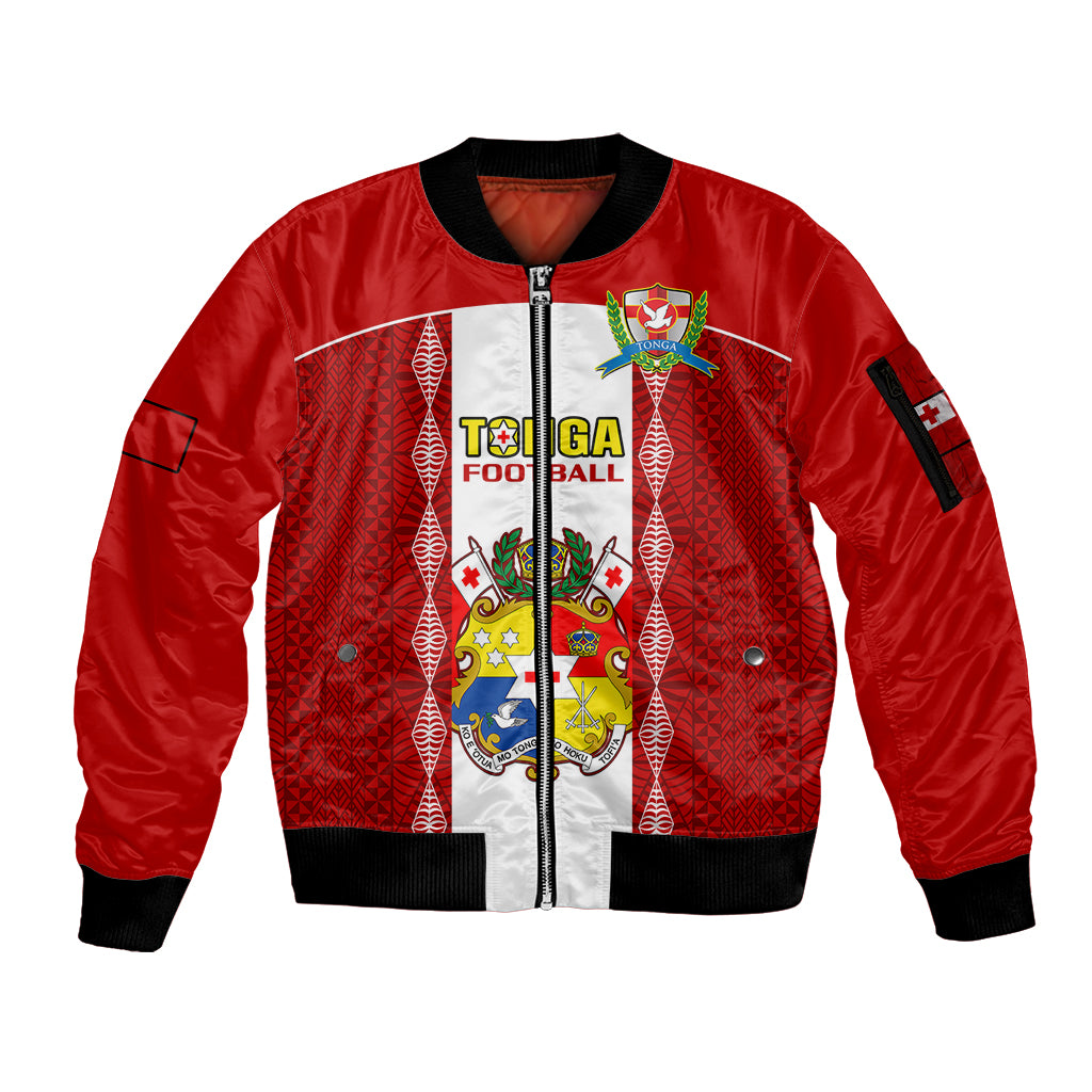 Tonga Football Sleeve Zip Bomber Jacket Tongan Ngatu Pattern Sporty Style LT14 Unisex Red - Polynesian Pride