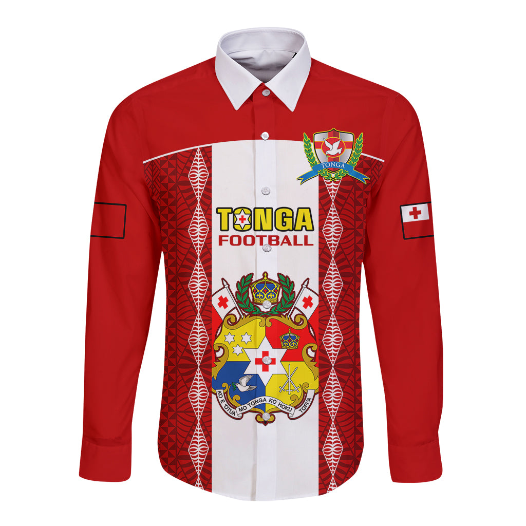 Personalised Tonga Football Long Sleeve Button Shirt Tongan Ngatu Pattern Sporty Style LT14 Unisex Red - Polynesian Pride