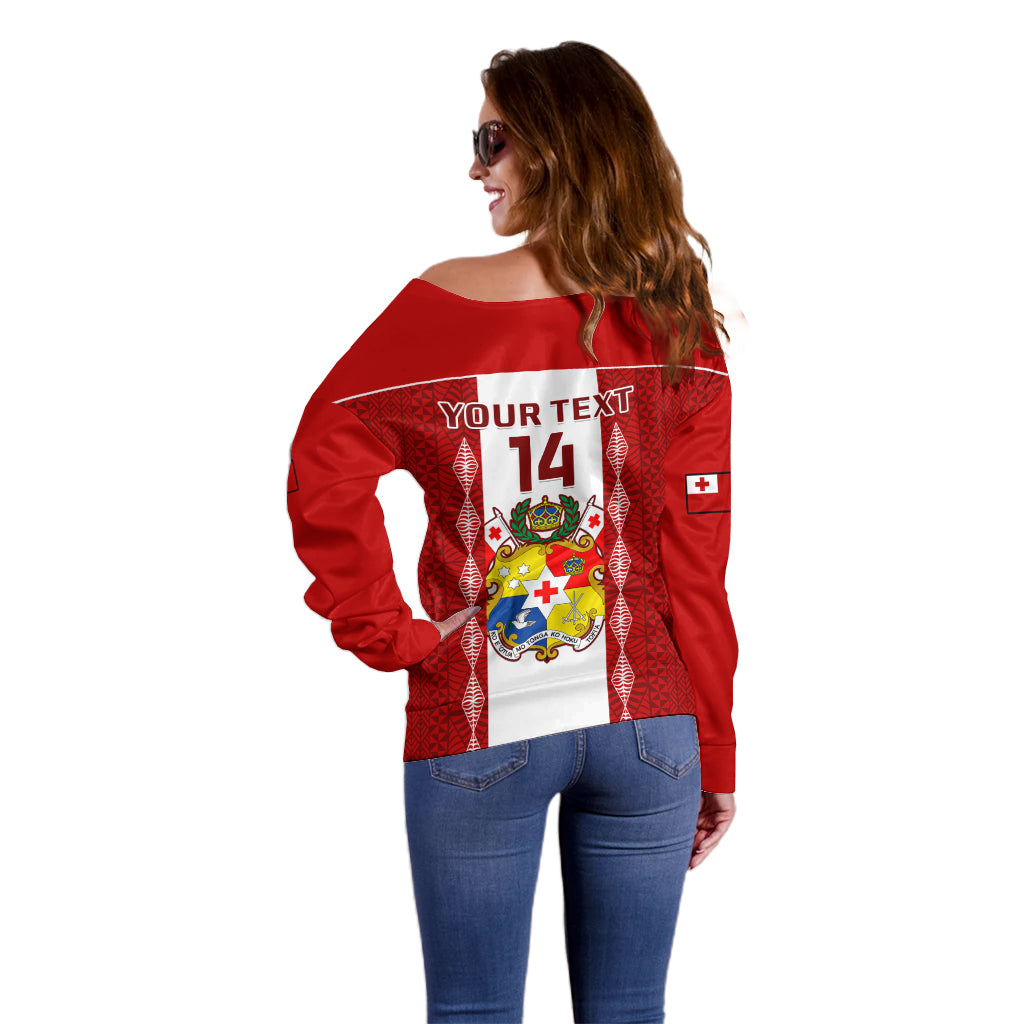 Personalised Tonga Football Off Shoulder Sweater Tongan Ngatu Pattern Sporty Style LT14 - Polynesian Pride