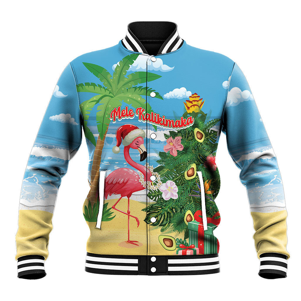 Flamingo Hawaii Summer Christmas Personalized Baseball Jacket Mele Kalikimaka Beachy Vibes LT14 Unisex Blue - Polynesian Pride