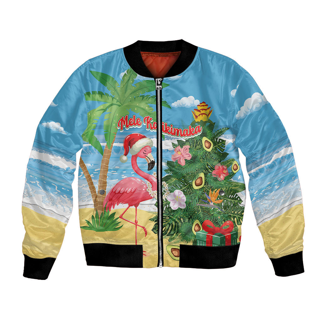 Flamingo Hawaii Summer Christmas Personalized Bomber Jacket Mele Kalikimaka Beachy Vibes LT14 Unisex Blue - Polynesian Pride