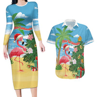 Flamingo Hawaii Summer Christmas Personalized Couples Matching Long Sleeve Bodycon Dress and Hawaiian Shirt Mele Kalikimaka Beachy Vibes LT14 Blue - Polynesian Pride