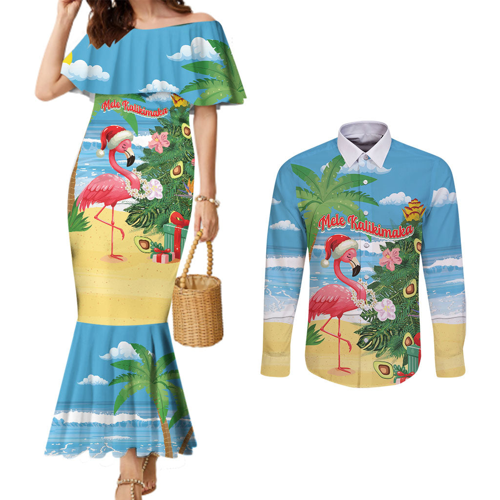 Flamingo Hawaii Summer Christmas Personalized Couples Matching Mermaid Dress and Long Sleeve Button Shirt Mele Kalikimaka Beachy Vibes LT14 Blue - Polynesian Pride