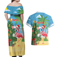 Flamingo Hawaii Summer Christmas Personalized Couples Matching Off Shoulder Maxi Dress and Hawaiian Shirt Mele Kalikimaka Beachy Vibes LT14 - Polynesian Pride