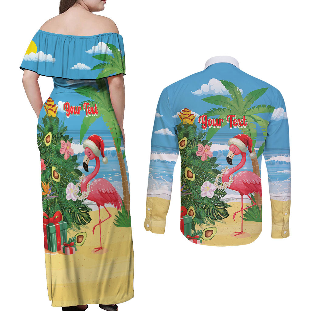 Flamingo Hawaii Summer Christmas Personalized Couples Matching Off Shoulder Maxi Dress and Long Sleeve Button Shirt Mele Kalikimaka Beachy Vibes LT14 - Polynesian Pride