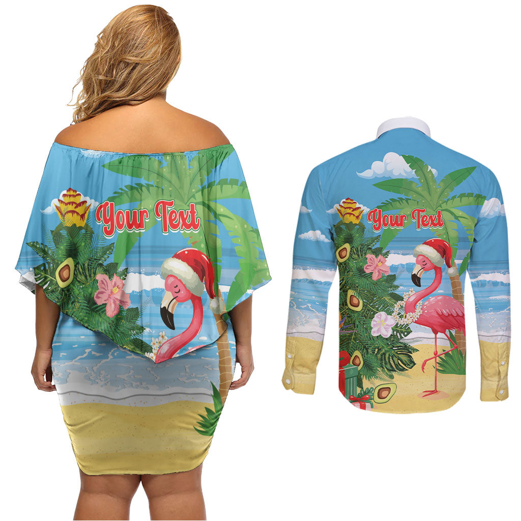 Flamingo Hawaii Summer Christmas Personalized Couples Matching Off Shoulder Short Dress and Long Sleeve Button Shirt Mele Kalikimaka Beachy Vibes LT14 - Polynesian Pride