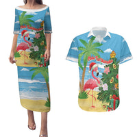 Flamingo Hawaii Summer Christmas Personalized Couples Matching Puletasi and Hawaiian Shirt Mele Kalikimaka Beachy Vibes LT14 Blue - Polynesian Pride