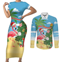Flamingo Hawaii Summer Christmas Personalized Couples Matching Short Sleeve Bodycon Dress and Long Sleeve Button Shirt Mele Kalikimaka Beachy Vibes LT14 Blue - Polynesian Pride