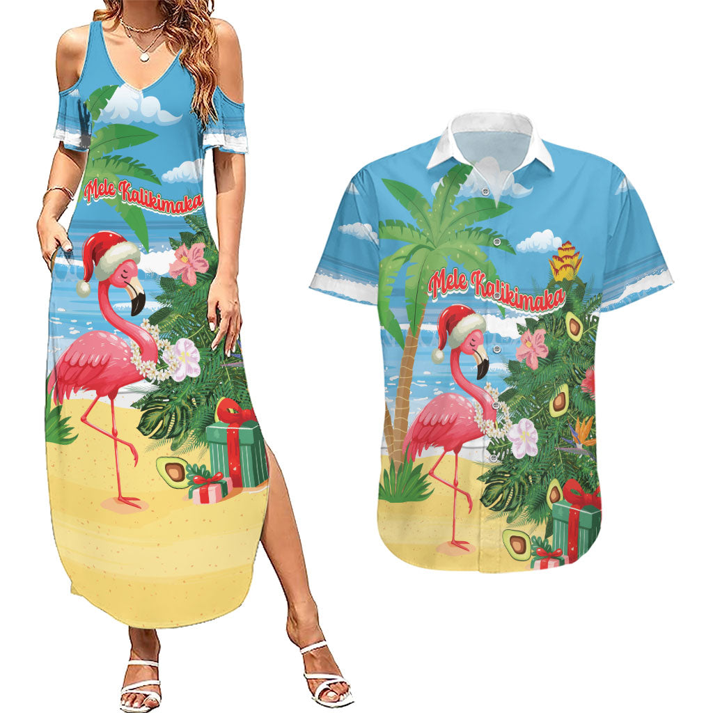 Flamingo Hawaii Summer Christmas Personalized Couples Matching Summer Maxi Dress and Hawaiian Shirt Mele Kalikimaka Beachy Vibes LT14 Blue - Polynesian Pride