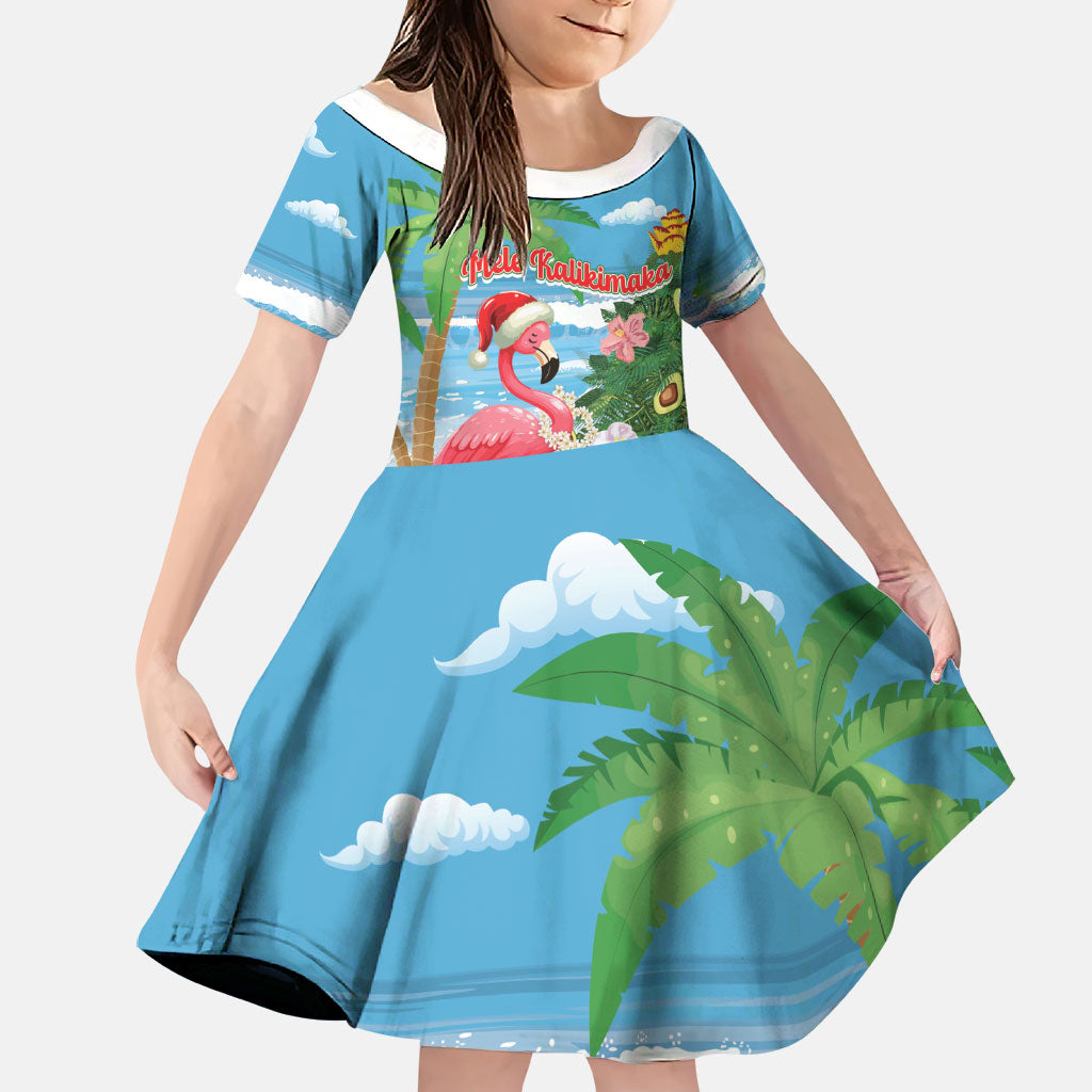 Flamingo Hawaii Summer Christmas Personalized Family Matching Puletasi and Hawaiian Shirt Mele Kalikimaka Beachy Vibes LT14 Daughter's Dress Blue - Polynesian Pride