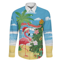 Flamingo Hawaii Summer Christmas Personalized Family Matching Puletasi and Hawaiian Shirt Mele Kalikimaka Beachy Vibes LT14 Dad's Shirt - Long Sleeve Blue - Polynesian Pride