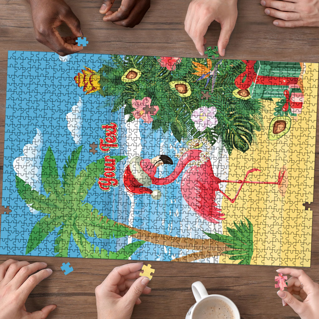 Flamingo Hawaii Summer Christmas Personalized Puzzle Mele Kalikimaka Beachy Vibes