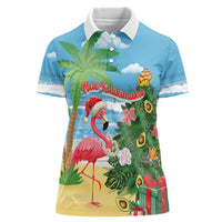 Flamingo Hawaii Summer Christmas Personalized Women Polo Shirt Mele Kalikimaka Beachy Vibes LT14 Female Blue - Polynesian Pride