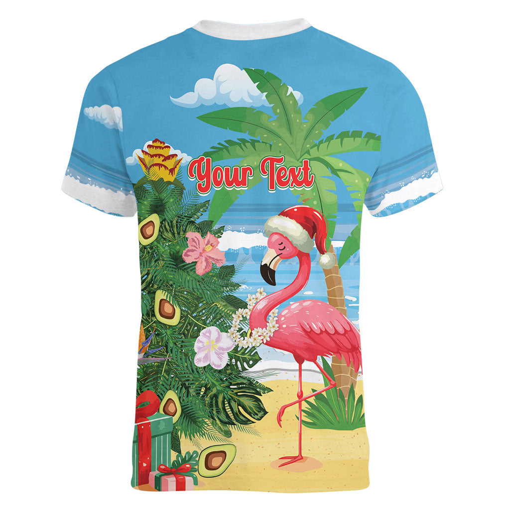 Flamingo Hawaii Summer Christmas Personalized Women V-Neck T-Shirt Mele Kalikimaka Beachy Vibes LT14 - Polynesian Pride