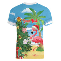 Flamingo Hawaii Summer Christmas Personalized Women V-Neck T-Shirt Mele Kalikimaka Beachy Vibes LT14 - Polynesian Pride