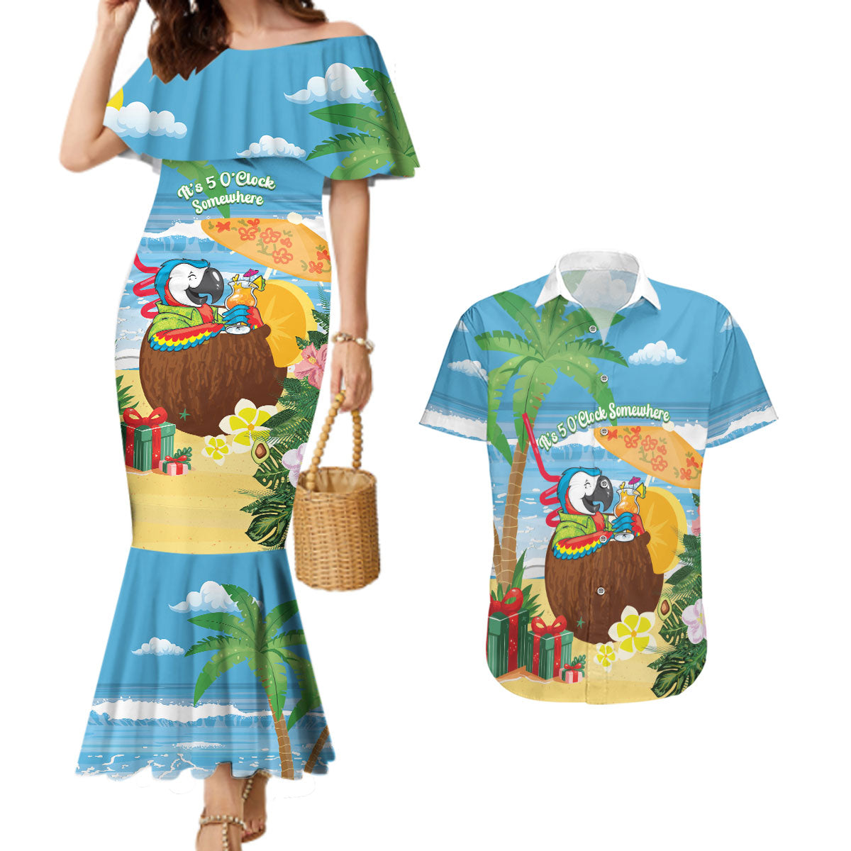 Chilling Parrot Hawaii Summer Christmas Personalized Couples Matching Mermaid Dress and Hawaiian Shirt It's 5 O'Clock Somewhere Beachy Vibes LT14 Blue - Polynesian Pride