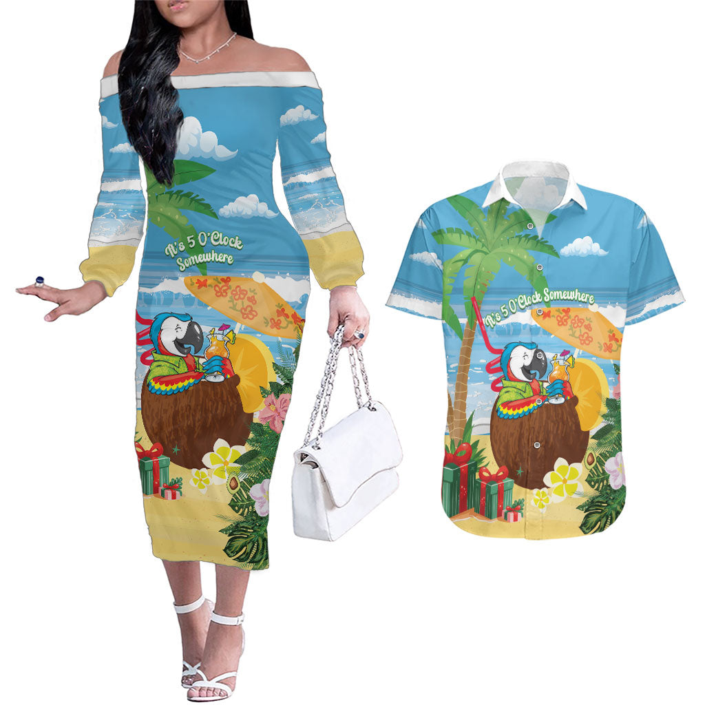 Chilling Parrot Hawaii Summer Christmas Personalized Couples Matching Off The Shoulder Long Sleeve Dress and Hawaiian Shirt It's 5 O'Clock Somewhere Beachy Vibes LT14 Blue - Polynesian Pride