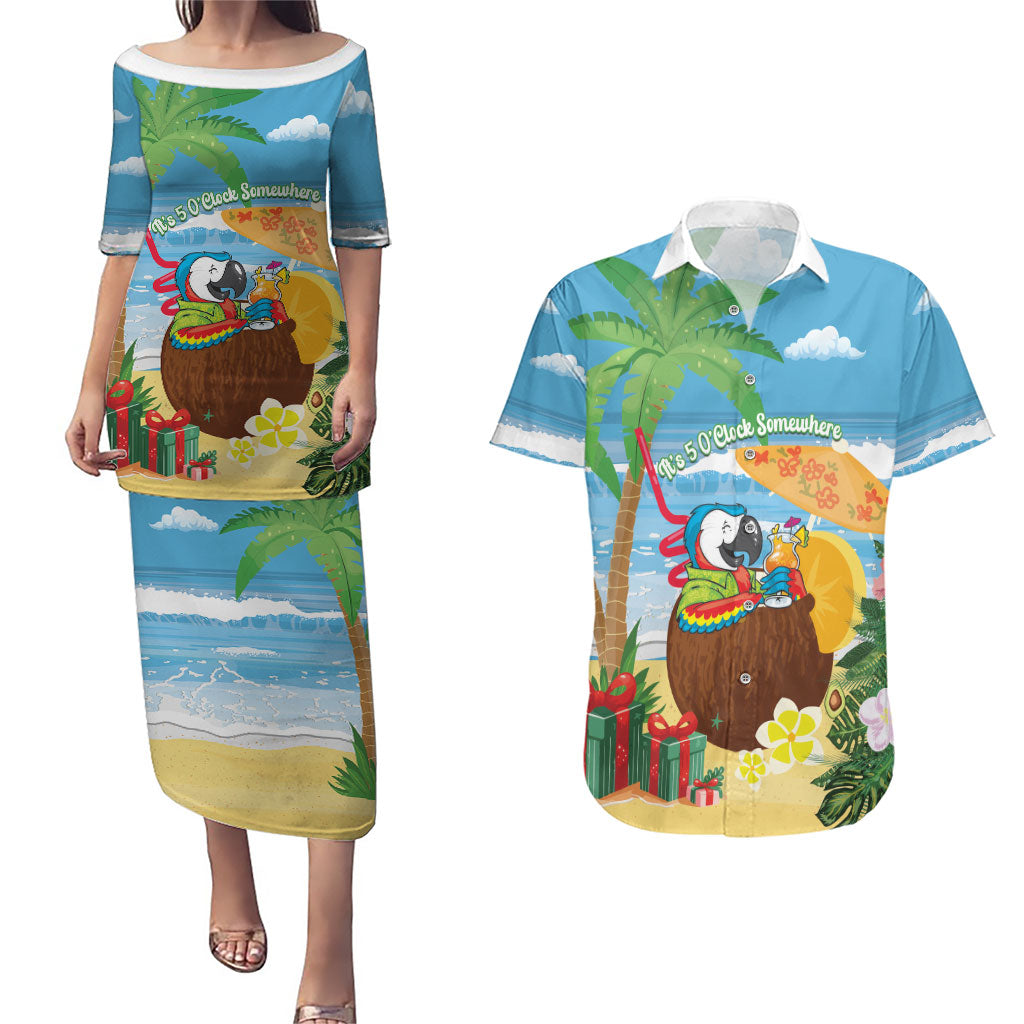 Chilling Parrot Hawaii Summer Christmas Personalized Couples Matching Puletasi and Hawaiian Shirt It's 5 O'Clock Somewhere Beachy Vibes
