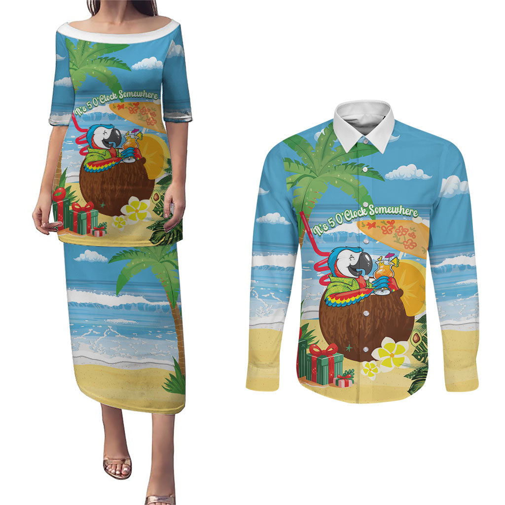 Chilling Parrot Hawaii Summer Christmas Personalized Couples Matching Puletasi and Long Sleeve Button Shirt It's 5 O'Clock Somewhere Beachy Vibes