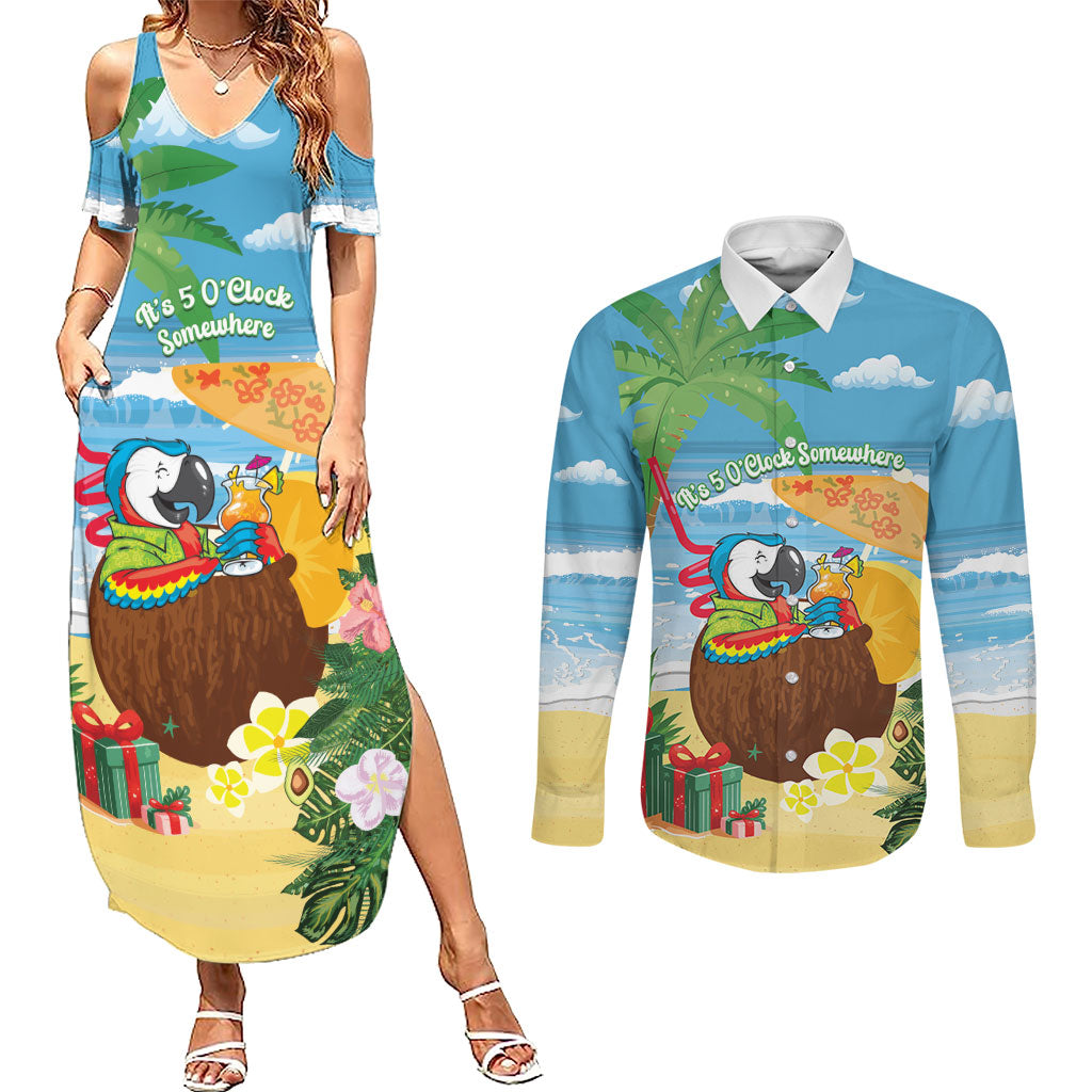 Chilling Parrot Hawaii Summer Christmas Personalized Couples Matching Summer Maxi Dress and Long Sleeve Button Shirt It's 5 O'Clock Somewhere Beachy Vibes LT14 Blue - Polynesian Pride