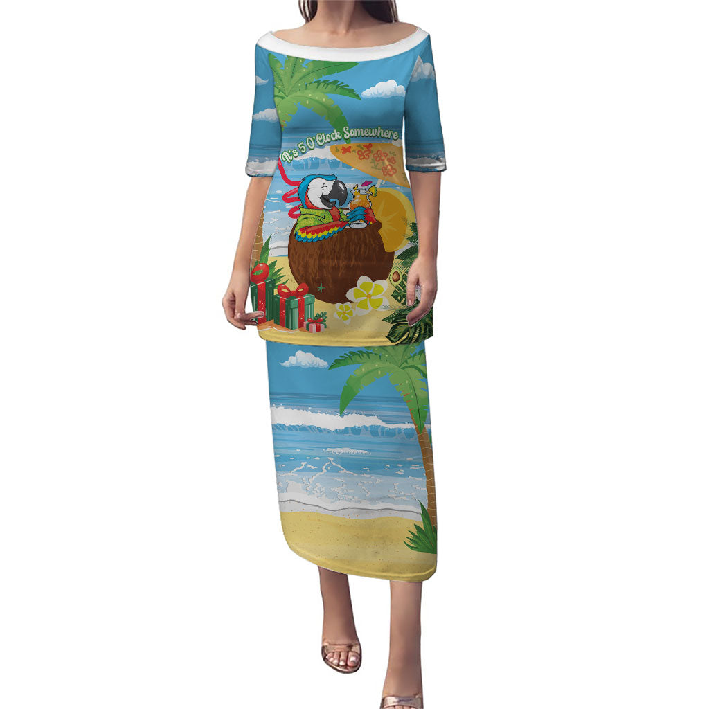 Chilling Parrot Hawaii Summer Christmas Personalized Family Matching Puletasi and Hawaiian Shirt It's 5 O'Clock Somewhere Beachy Vibes LT14 Mom's Dress Blue - Polynesian Pride