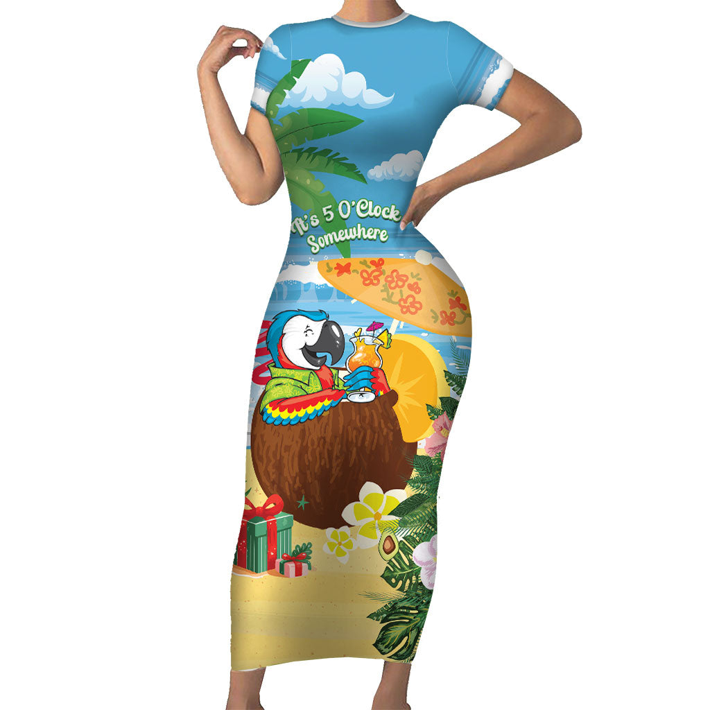 Chilling Parrot Hawaii Summer Christmas Personalized Family Matching Short Sleeve Bodycon Dress and Hawaiian Shirt It's 5 O'Clock Somewhere Beachy Vibes LT14 Mom's Dress Blue - Polynesian Pride