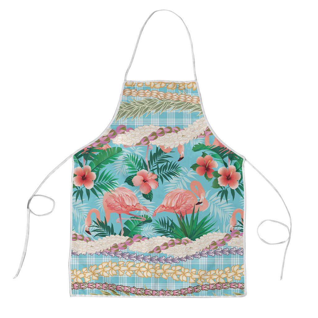 Flamingo Hawaii Summer Apron Hawaiian Lei Pakala Motifs Tropical Style LT14 Cyan - Polynesian Pride