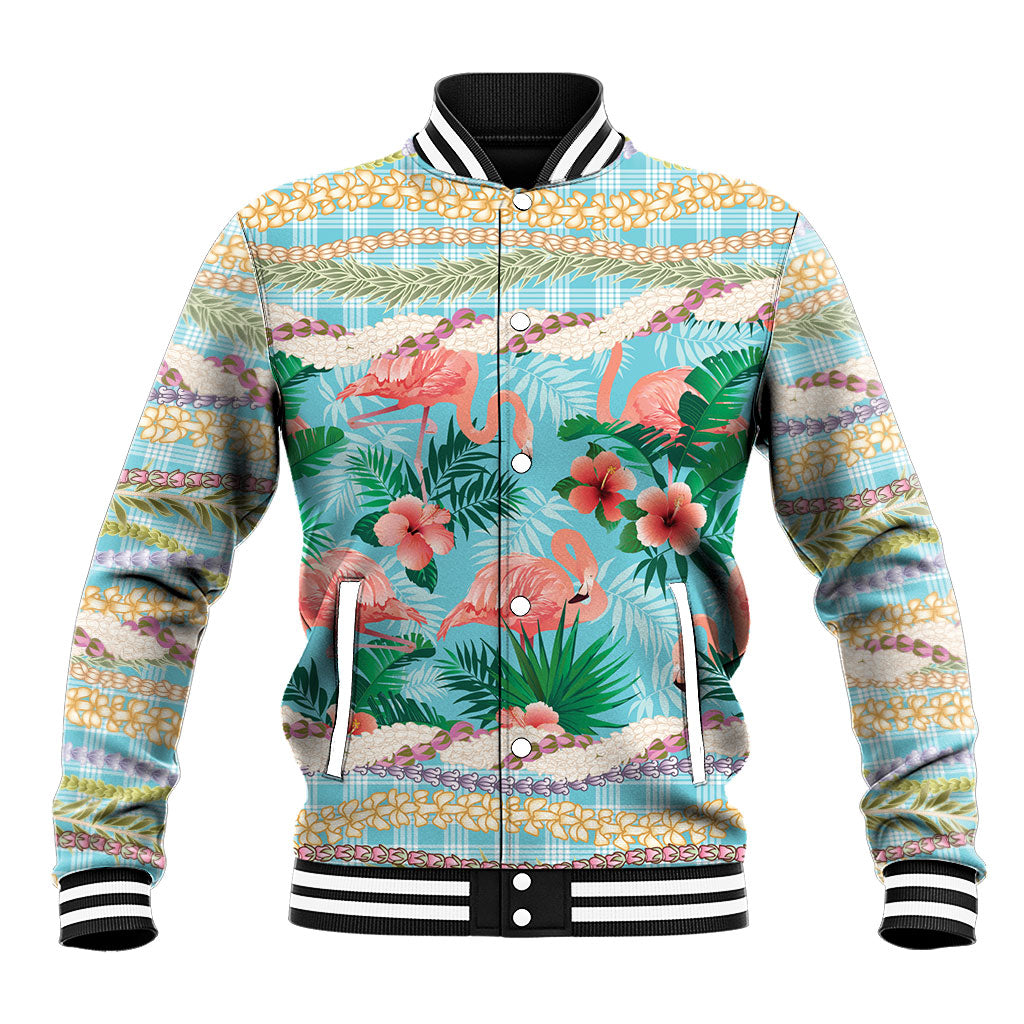 Flamingo Hawaii Summer Baseball Jacket Hawaiian Lei Pakala Motifs Tropical Style LT14 Unisex Cyan - Polynesian Pride