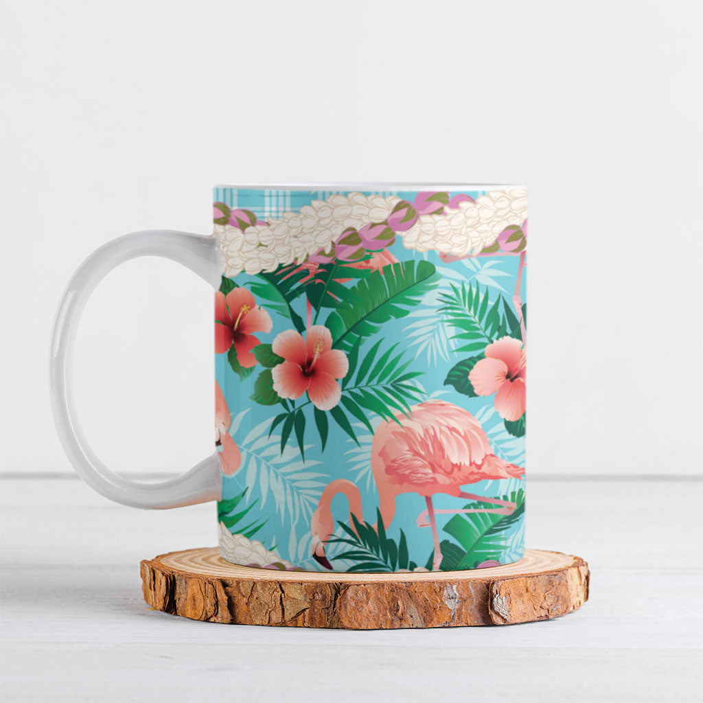 Flamingo Hawaii Summer Ceramic Mug Hawaiian Lei Pakala Motifs Tropical Style LT14 Cyan - Polynesian Pride