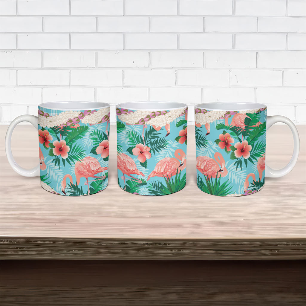 Flamingo Hawaii Summer Ceramic Mug Hawaiian Lei Pakala Motifs Tropical Style