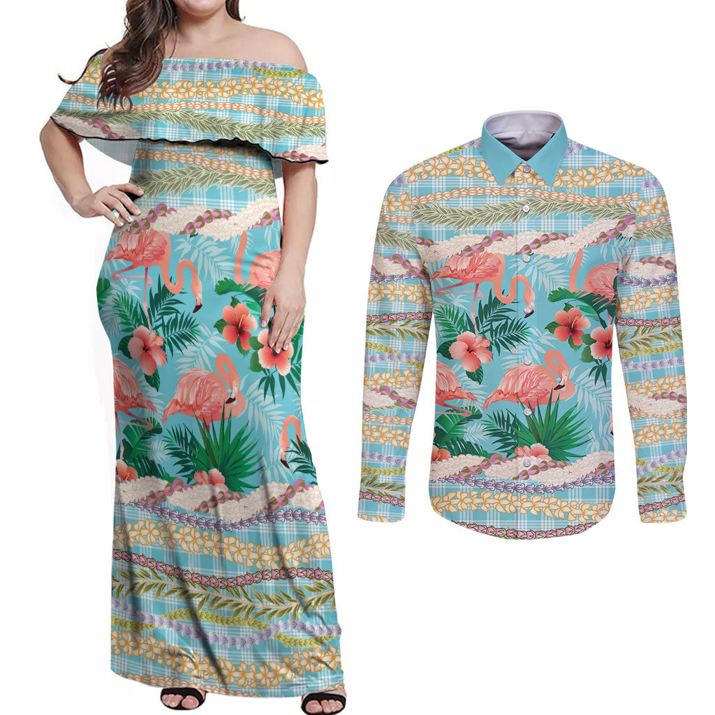 Flamingo Hawaii Summer Couples Matching Off Shoulder Maxi Dress and Long Sleeve Button Shirt Hawaiian Lei Pakala Motifs Tropical Style LT14 Cyan - Polynesian Pride