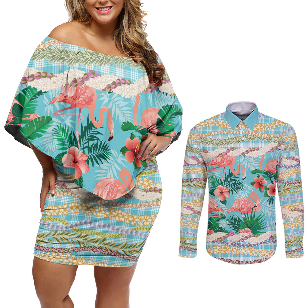 Flamingo Hawaii Summer Couples Matching Off Shoulder Short Dress and Long Sleeve Button Shirt Hawaiian Lei Pakala Motifs Tropical Style LT14 Cyan - Polynesian Pride