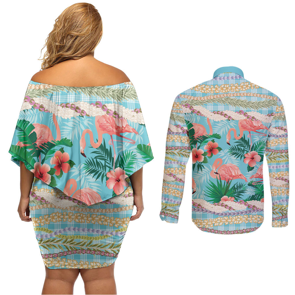 Flamingo Hawaii Summer Couples Matching Off Shoulder Short Dress and Long Sleeve Button Shirt Hawaiian Lei Pakala Motifs Tropical Style LT14 - Polynesian Pride