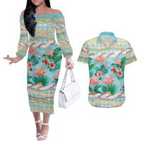 Flamingo Hawaii Summer Couples Matching Off The Shoulder Long Sleeve Dress and Hawaiian Shirt Hawaiian Lei Pakala Motifs Tropical Style LT14 Cyan - Polynesian Pride