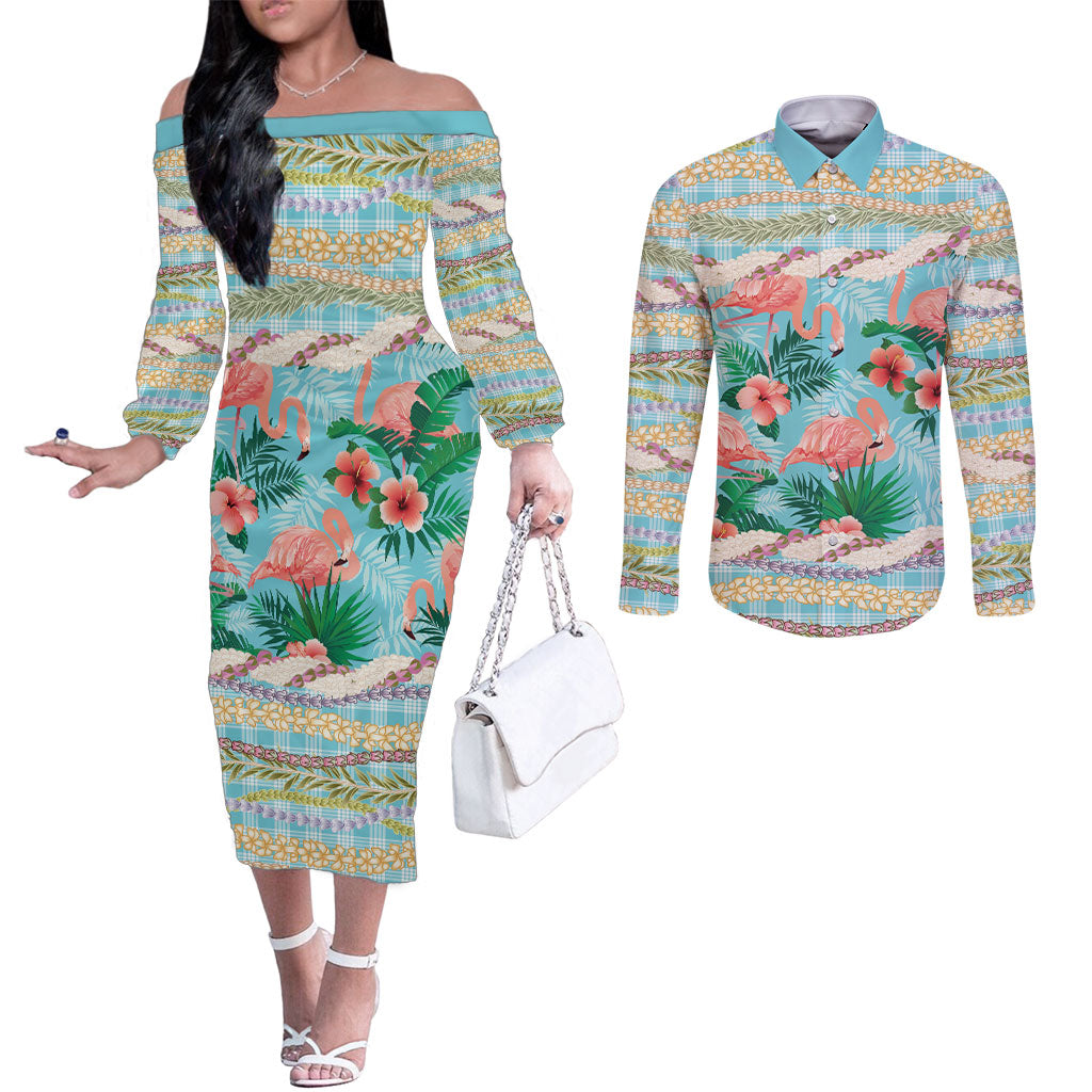 Flamingo Hawaii Summer Couples Matching Off The Shoulder Long Sleeve Dress and Long Sleeve Button Shirt Hawaiian Lei Pakala Motifs Tropical Style LT14 Cyan - Polynesian Pride