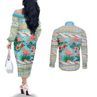 Flamingo Hawaii Summer Couples Matching Off The Shoulder Long Sleeve Dress and Long Sleeve Button Shirt Hawaiian Lei Pakala Motifs Tropical Style LT14 - Polynesian Pride