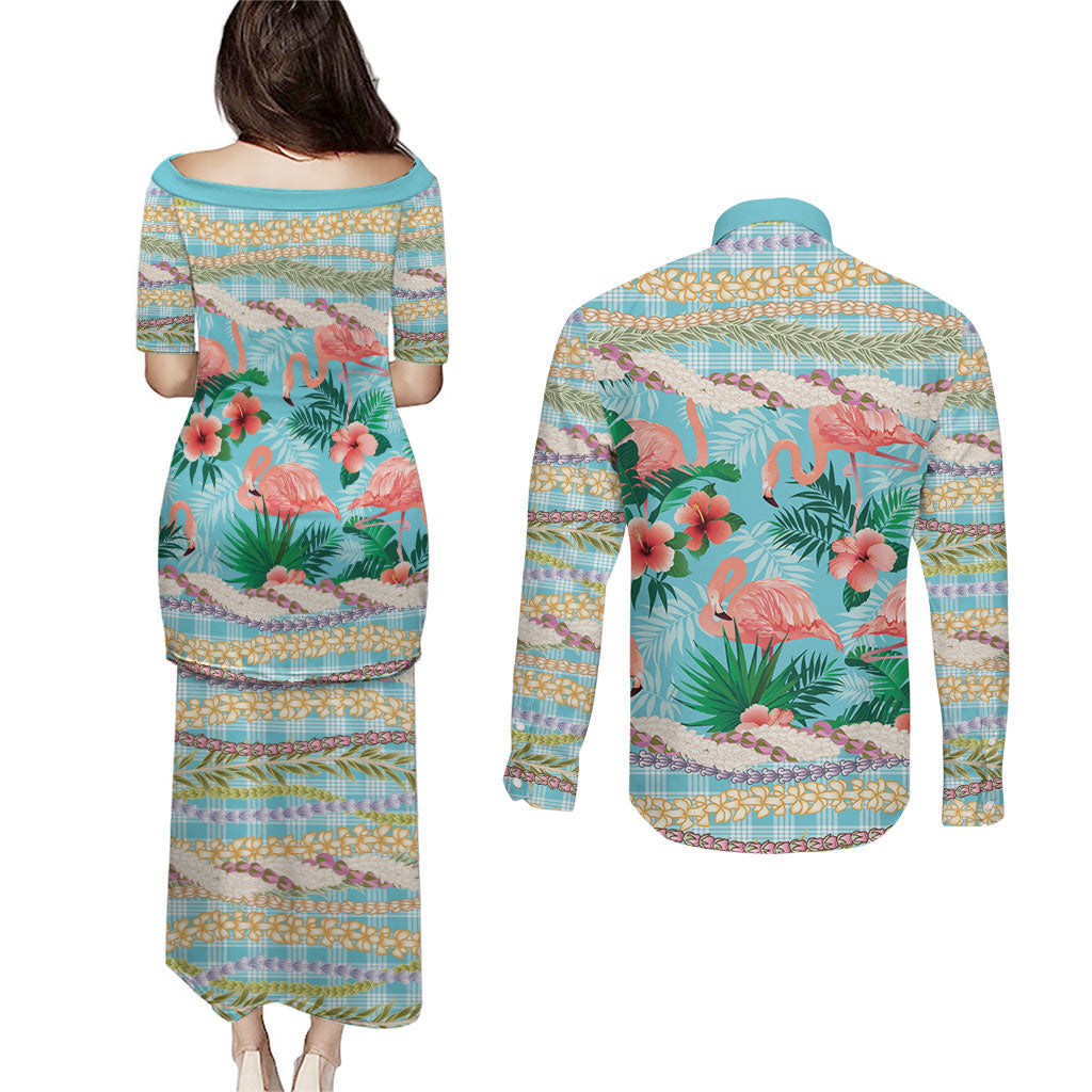 Flamingo Hawaii Summer Couples Matching Puletasi and Long Sleeve Button Shirt Hawaiian Lei Pakala Motifs Tropical Style LT14 - Polynesian Pride