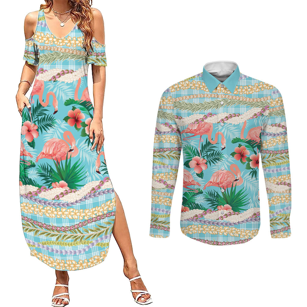 Flamingo Hawaii Summer Couples Matching Summer Maxi Dress and Long Sleeve Button Shirt Hawaiian Lei Pakala Motifs Tropical Style LT14 Cyan - Polynesian Pride