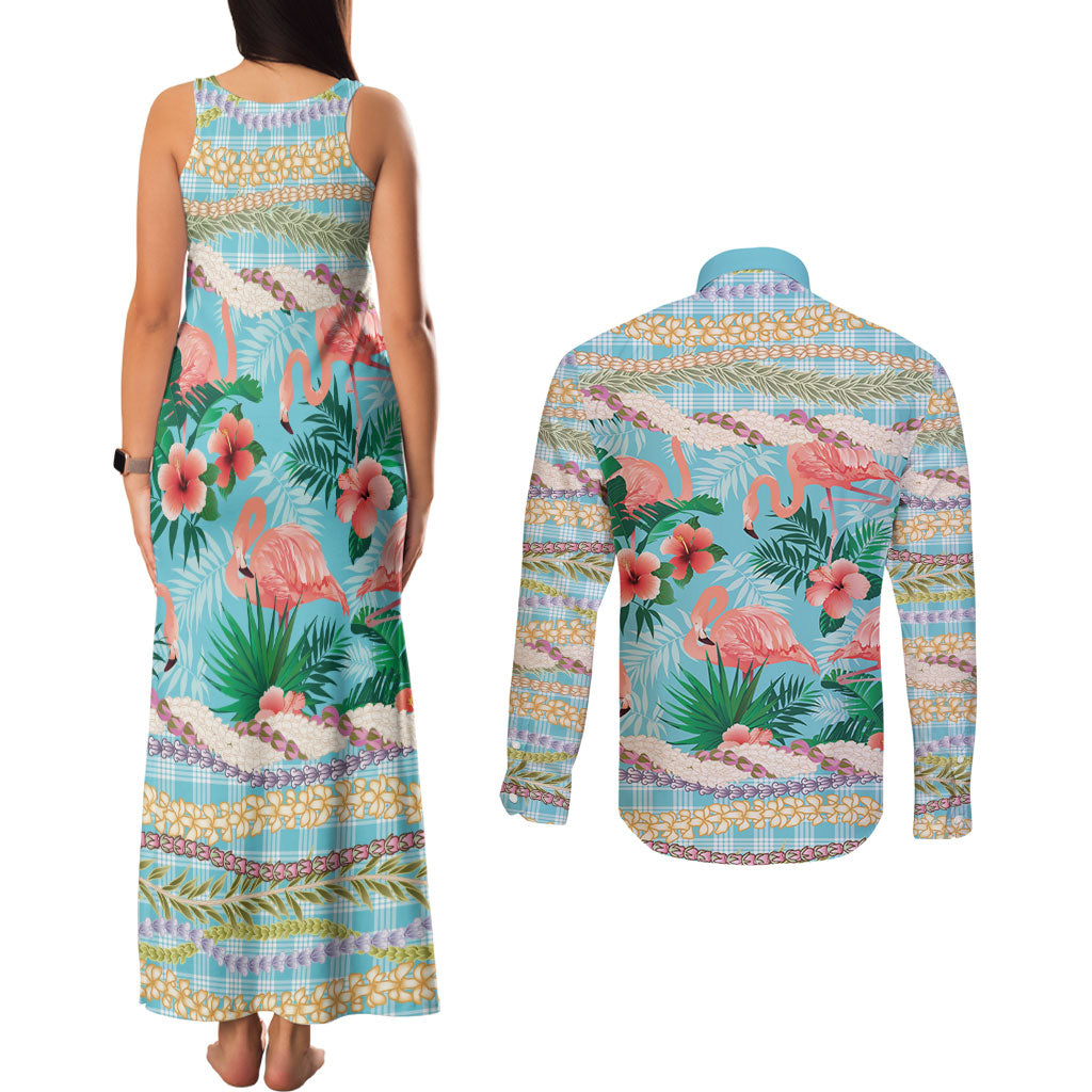 Flamingo Hawaii Summer Couples Matching Tank Maxi Dress and Long Sleeve Button Shirt Hawaiian Lei Pakala Motifs Tropical Style LT14 - Polynesian Pride