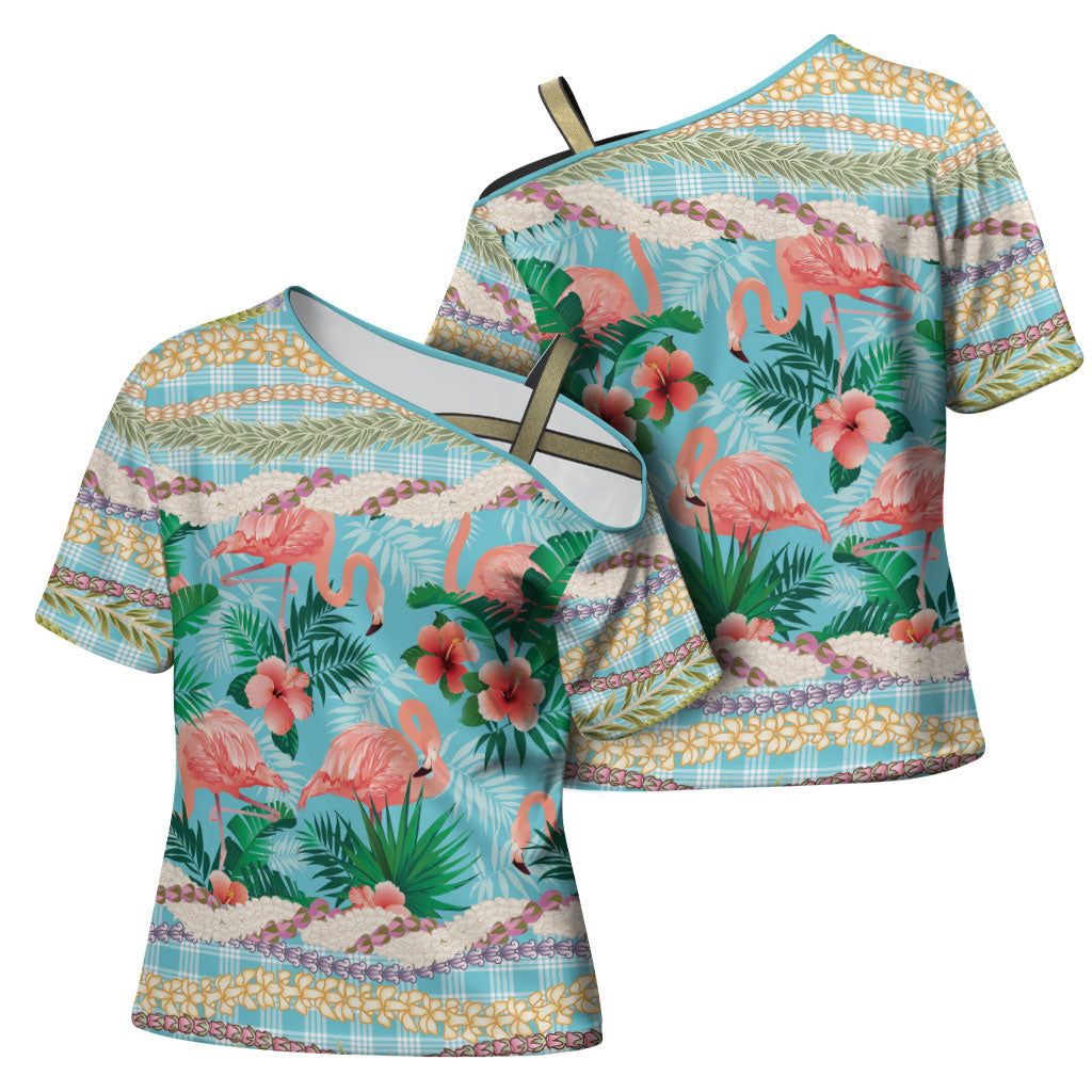 Flamingo Hawaii Summer Cross Shoulder Shirt Hawaiian Lei Pakala Motifs Tropical Style